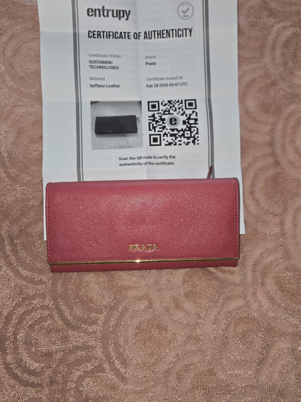 Prada Pink Saffiano Leather Card & Key Holder with Gold Trim